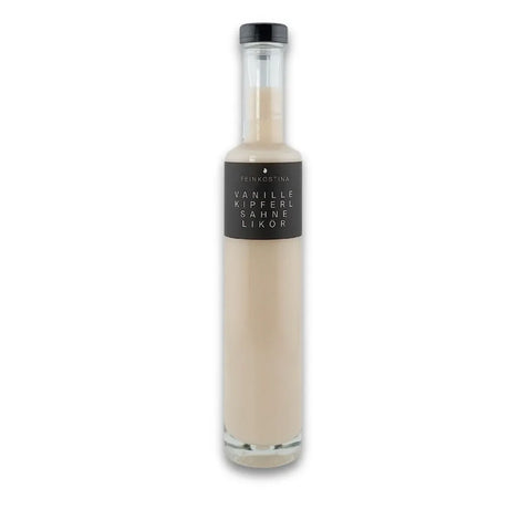 Flasche Vanille Kipferl Likör 200 ml mit cremig-heller Farbe und Etikett von Feinkostina auf weißem Hintergrund.