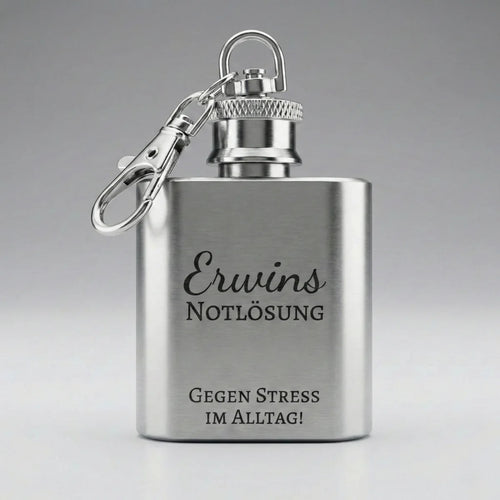 Kompakter Flachmann Schlüsselanhänger aus glänzendem Edelstahl mit Karabinerhaken