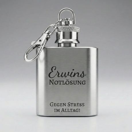 Kompakter Flachmann Schlüsselanhänger aus glänzendem Edelstahl mit Karabinerhaken