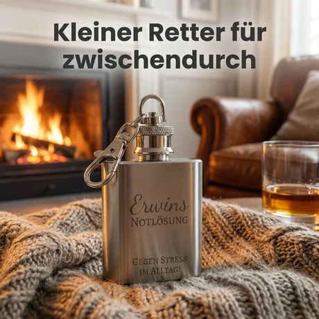 Kompakter Flachmann Schlüsselanhänger aus glänzendem Edelstahl mit Karabinerhaken