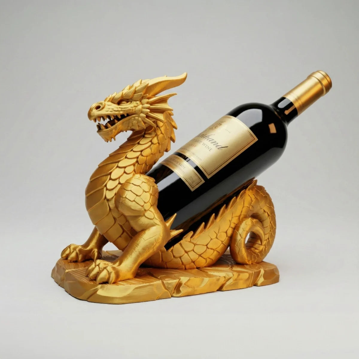 Ein detailreicher 3D-gedruckter Flaschenhalter in Form eines Basilisken-Drachen der eine Weinflasche auf dem Rücken trägt.
