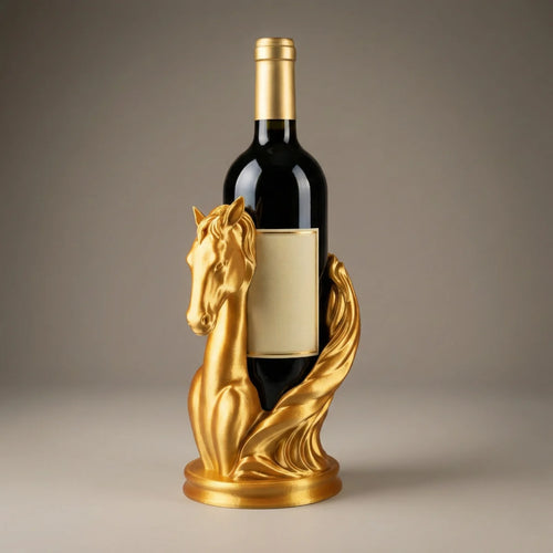 Flaschenhalter in Form eines Pferdekopfes aus 3D-Druck umschlingt eine Weinflasche