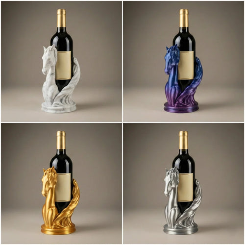 Flaschenhalter in Form eines Pferdekopfes aus 3D-Druck umschlingt eine Weinflasche