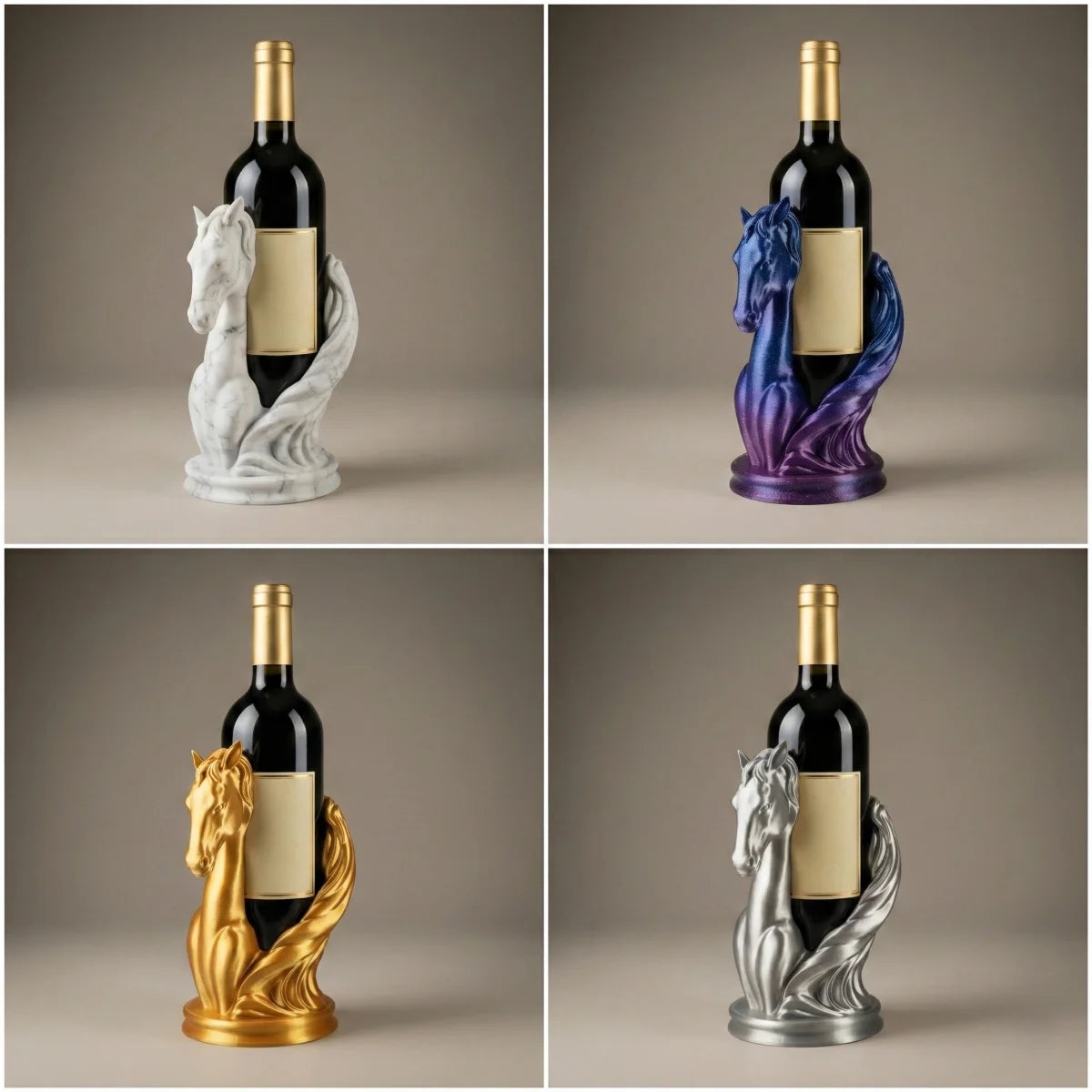 Flaschenhalter in Form eines Pferdekopfes aus 3D-Druck umschlingt eine Weinflasche