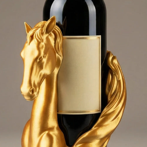 Flaschenhalter in Form eines Pferdekopfes aus 3D-Druck umschlingt eine Weinflasche