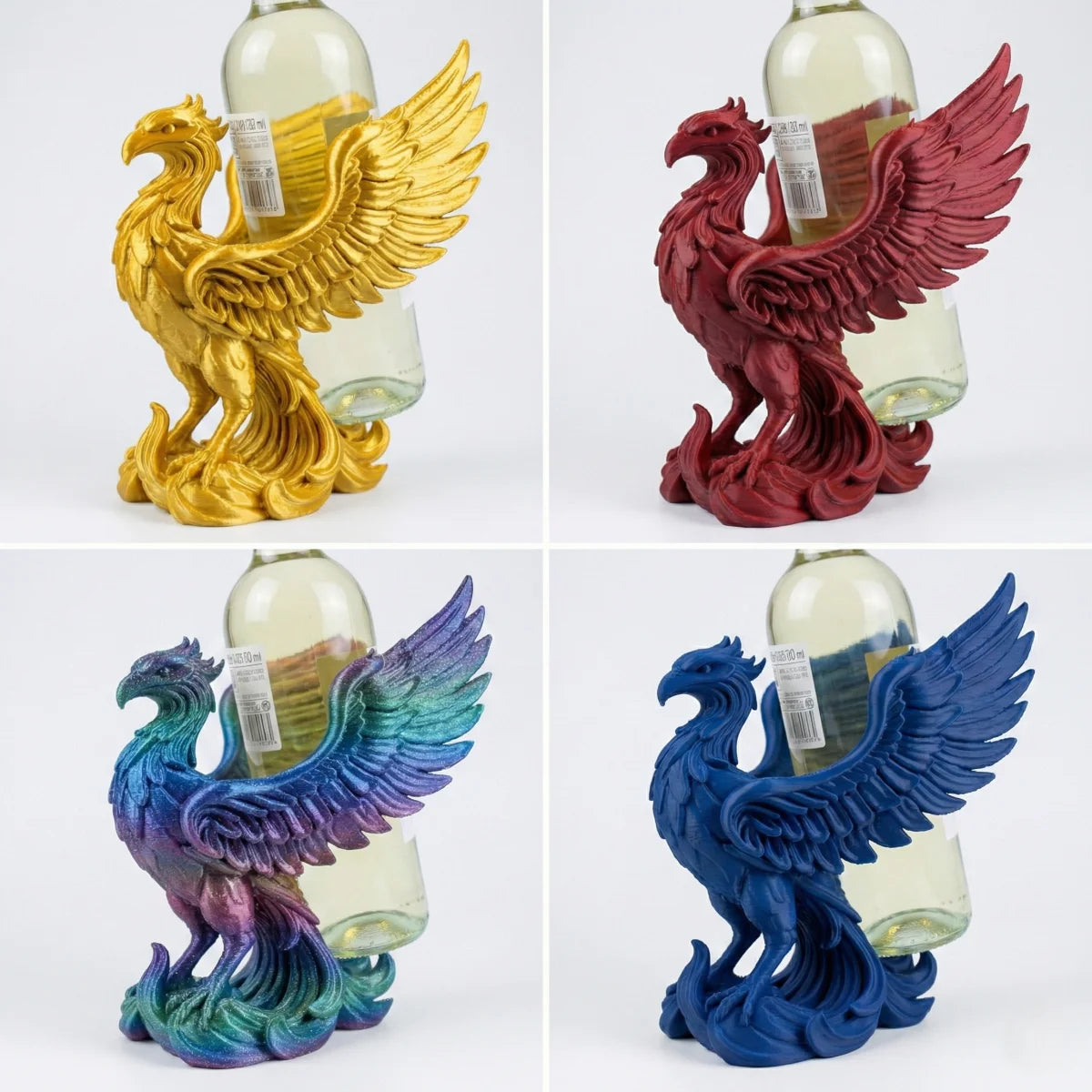 Ein detailreicher 3D-gedruckter Phönix aus Kunststoff als Flaschenhalter für eine Weinflasche