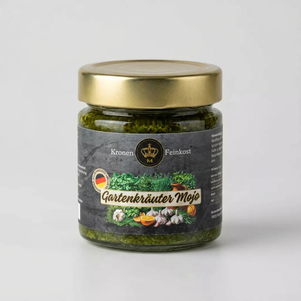 Ein Glas Gartenkräuter Mojo mit kräftiger grüner Kräutersauce und dem Etikett von Kronenfeinkost