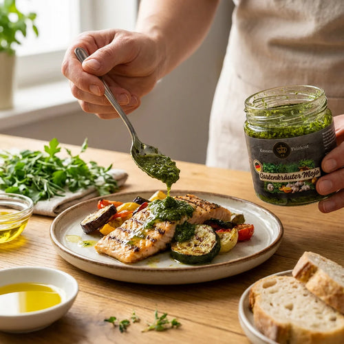 Ein Glas Gartenkräuter Mojo mit kräftiger grüner Kräutersauce und dem Etikett von Kronenfeinkost