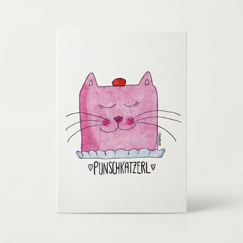 Handgemalte Geburtstagskarte mit rosa Punschkrapfen und Katzengesicht auf strukturiertem Premium Felt Karton im A6-Format