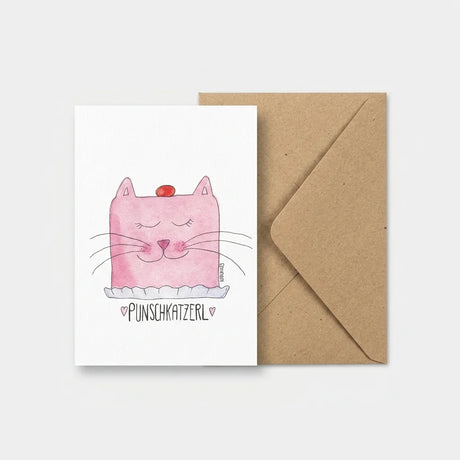 Handgemalte Geburtstagskarte mit rosa Punschkrapfen und Katzengesicht auf strukturiertem Premium Felt Karton im A6-Format