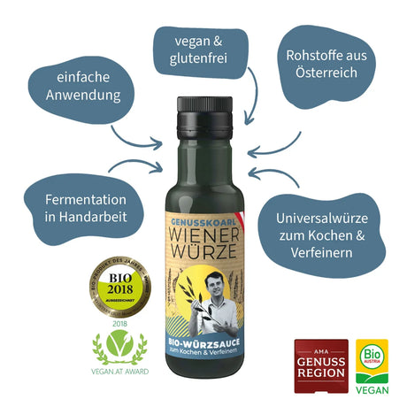 Braune Glasflasche mit Etikett der Bio-WienerWürze, 100ml.