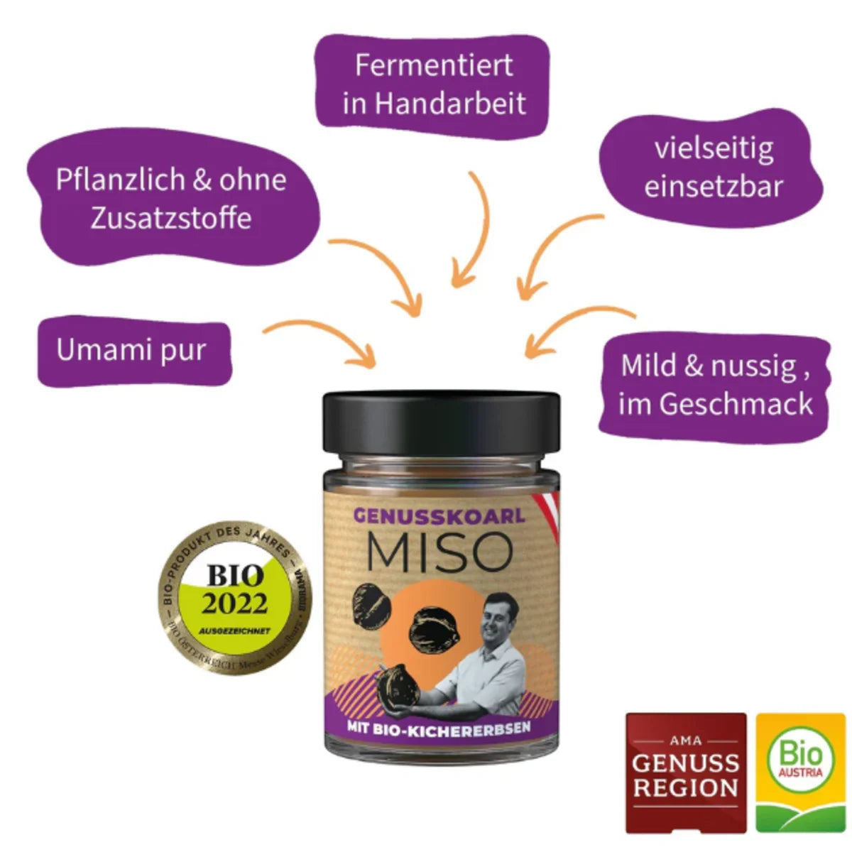 Ein Glas Kichererbsen Miso Bio mit braun-gelblichen, grobstückigen Paste und einem weißen Etikett.