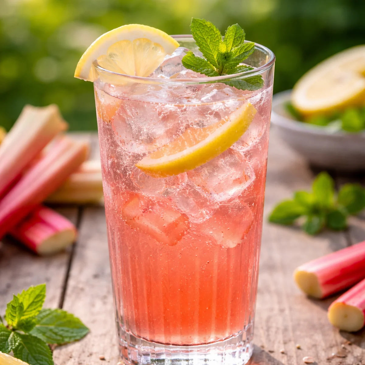 Glasflasche mit Rhabarber Mix-Saft von Green Sheep, daneben ein Glas Rhabarber-Limo mit Eis und Minze.