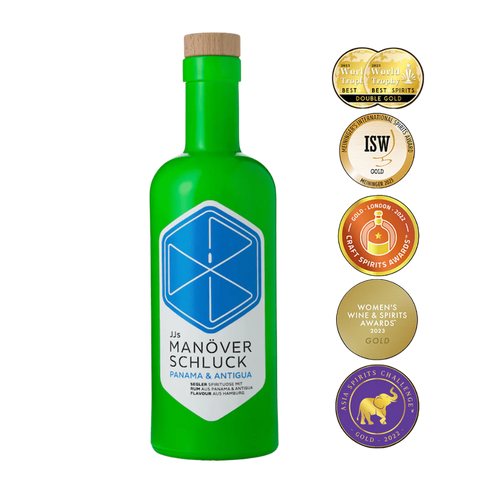 JJs Manöverschluck Panama & Antigua – Premium-Rumspirituose mit Vanille, Haselnuss & Meersalz, 500 ml Flasche im Seefahrer-Design bei Dreizack Wien
