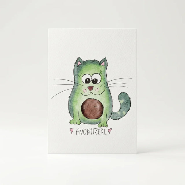 Handgemalte Grußkarte im A6-Format mit Avocado-Katze in Aquarell-Optik auf Premium Felt Karton.