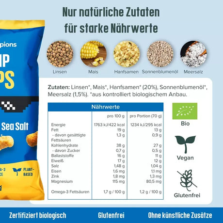 Drei Packungen Hempions Bio Hemp Flips mit Meersalz, vor einem hanfgrünen Hintergrund, verstreute Flips sichtbar.