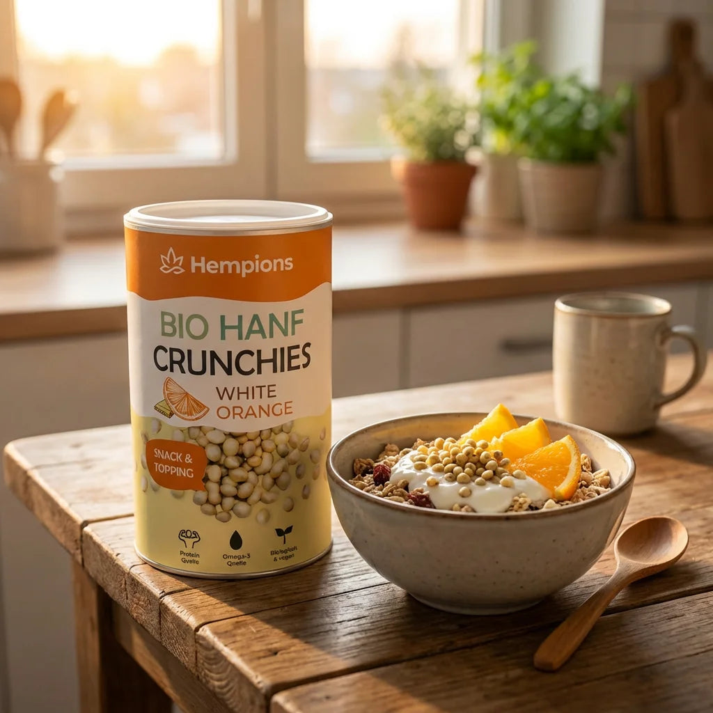 Hempions Bio Hanf Crunchies in Weiß und Orange gehalten. Detailansicht von gerösteten Hanfsamen umhüllt von weißer Kakaomasse und Orangenschalenöl in einem geöffneten Beutel.