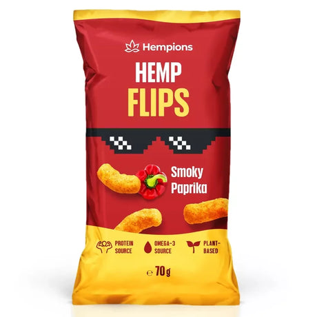 Packung Hempions Organic Hemp Flips Smoky Paprika, knuspriger Snack mit rotem Paprikapulver.