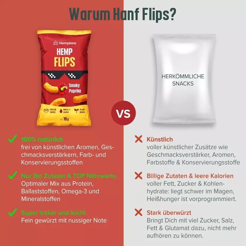 Packung Hempions Organic Hemp Flips Smoky Paprika, knuspriger Snack mit rotem Paprikapulver.