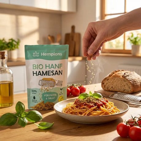 Bio Hanf Hamesan Streukäse Alternative in Pulverform, hellbraun mit kleinen Flocken, bereit zum Bestreuen.