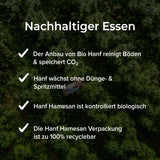 Bio Hanf Hamesan Streukäse Alternative in Pulverform, hellbraun mit kleinen Flocken, bereit zum Bestreuen.