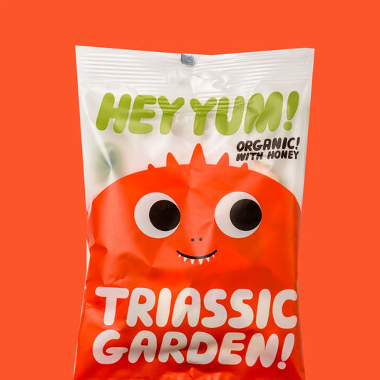 HEY YUM! Bio-Fruchtjoghurt-Gummibärchen in verschiedenen bunten Dinosaurierformen in einer geöffneten Packung.