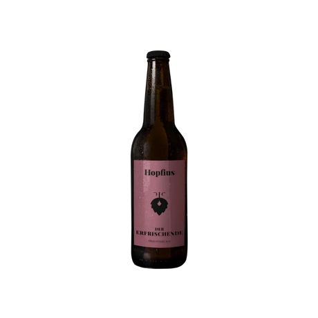 Pinke 0,33-Liter-Flasche des Hopfius Himbeer-Ales mit natürlicher Trübung auf weißem Hintergrund.