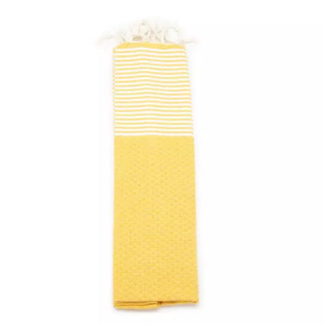 Sunflower Field Wabenmuster Fouta von Anna Aniq in gelb: 100 % recycelte Baumwolle, fair produziert in Tunesien, weich, saugfähig, schnelltrocknend, 200 x 100 cm oder 70 x 50 cm, vielseitig für Sauna, Reisen & Strand.
