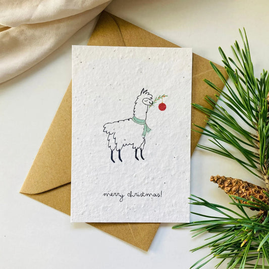 "Merry Christmas"-Alpaka / Lama Saatpapier Weihnachtskarte | Schenken, einpflanzen, beim wachsen zusehen