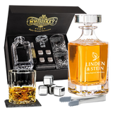Personalisiertes Whiskey-Set von Whisiskey mit Gravur, inkl. Glaskaraffe (700ml), 2 Whiskey-Gläsern, Kühlsteinen & Luxus-Geschenkbox, elegantes Geschenk für Whiskey-Liebhaber, graviert in Wien.