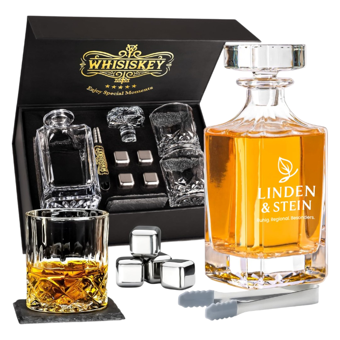 Personalisiertes Whiskey-Set von Whisiskey mit Gravur, inkl. Glaskaraffe (700ml), 2 Whiskey-Gläsern, Kühlsteinen & Luxus-Geschenkbox, elegantes Geschenk für Whiskey-Liebhaber, graviert in Wien.