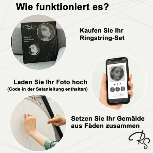 RingString DIY-Set bei Dreizack Wien – personalisiertes Kunstwerk aus MDF, Nägeln und Faden, 50×50 cm oder 35×35 cm, mit Audio-Anleitung, vor Ort ansehbar, exklusiv in Österreich erhältlich