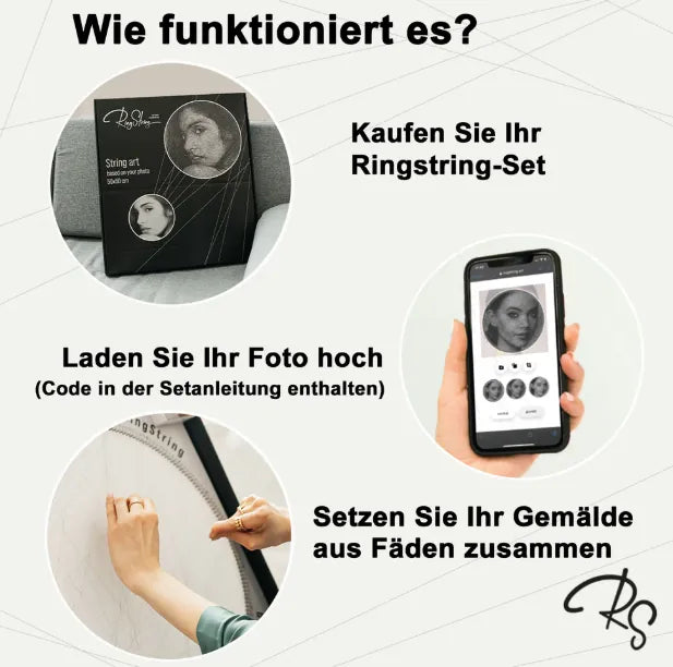 RingString DIY-Set bei Dreizack Wien – personalisiertes Kunstwerk aus MDF, Nägeln und Faden, 50×50 cm oder 35×35 cm, mit Audio-Anleitung, vor Ort ansehbar, exklusiv in Österreich erhältlich