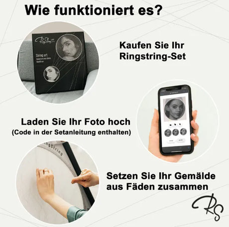 RingString DIY-Set bei Dreizack Wien – personalisiertes Kunstwerk aus MDF, Nägeln und Faden, 50×50 cm oder 35×35 cm, mit Audio-Anleitung, vor Ort ansehbar, exklusiv in Österreich erhältlich