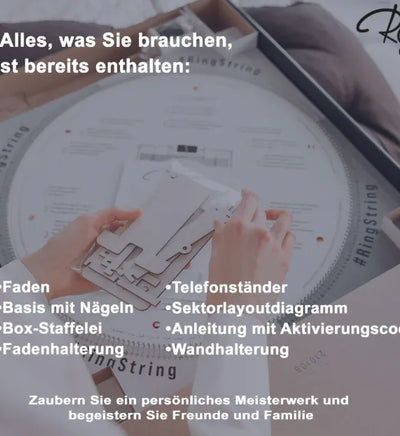 RingString DIY-Set bei Dreizack Wien – personalisiertes Kunstwerk aus MDF, Nägeln und Faden, 50×50 cm oder 35×35 cm, mit Audio-Anleitung, vor Ort ansehbar, exklusiv in Österreich erhältlich