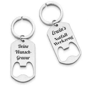 Schlüsselanhänger mit integriertem Flaschenöffner und Wunschgravur aus Edelstahl – gefertigt von Dreizack in Wien