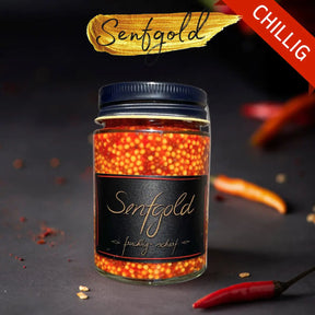 Senfgold „Fruchtig-Scharf“ Senfkaviar – handgemachter Senf aus Vorarlberg im Glas, 180 g, aromatisch-fruchtig mit Honig und Zitronensaft