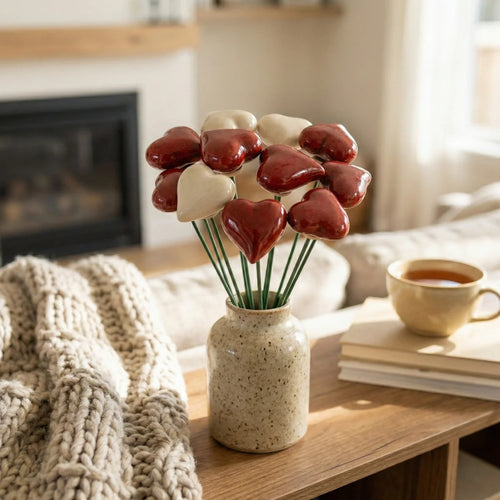 Ein kleines rotes Herz aus Keramik an einem silbernen Drahtstiel in einem Blumentopf.