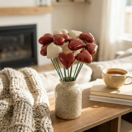 Ein kleines rotes Herz aus Keramik an einem silbernen Drahtstiel in einem Blumentopf.