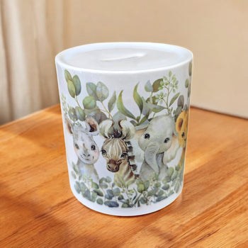 Handfolierte Keramik-Spardose von SabrinArtDesign, Tiermotive Nilpferd, Zebra, Elefant, Leopard & Giraffe, handgefertigtes Sparschwein, Geschenkidee für Kinder.