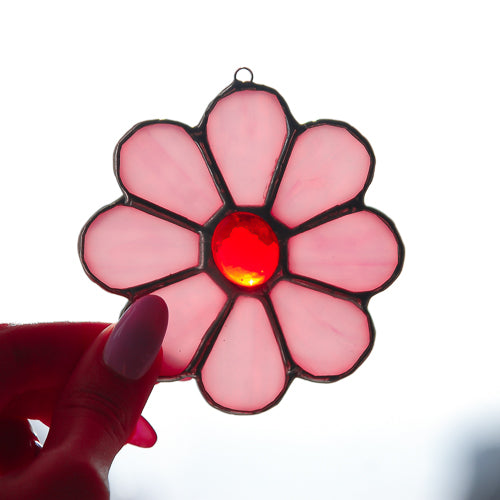 Kleine Blume,Handgemachte Glasdeko von Magpie Castle, Tiffany-Technik, Naturmotive wie Monstera, Pilze & Blumen, zum Aufhängen oder als Pflanzenstecker, kunstvolle Glaskunst aus Österreich.