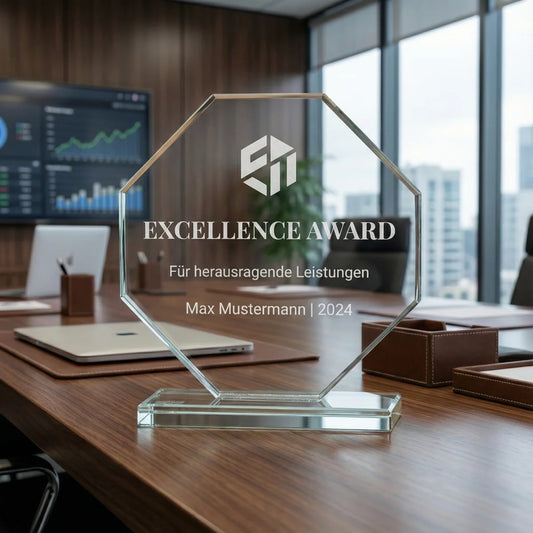 Ein achteckiger Pokal aus klarem Kristallglas auf einem flachen Sockel mit weißer Gravur