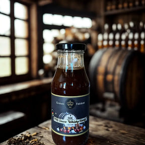 Eine Glasflasche mit dunkler, sämiger BBQ Sauce „Smoky Bourbon Honey“ von Kronenfeinkost.