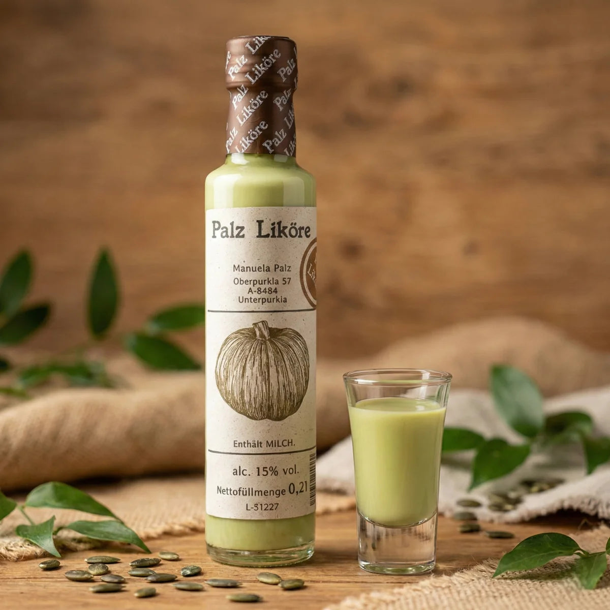 Eine 0,25l Flasche cremiger, pastellgrüner Kürbiskernöl Likör von PalzLiköre vor hellem Hintergrund.