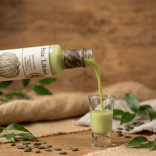 Eine 0,25l Flasche cremiger, pastellgrüner Kürbiskernöl Likör von PalzLiköre vor hellem Hintergrund.