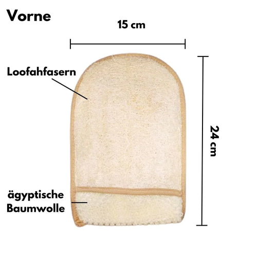 Ein rechteckiger Luffa Peelinghandschuh mit heller Baumwollseite und strukturierter Oberfläche aus Luffa-Fasern.