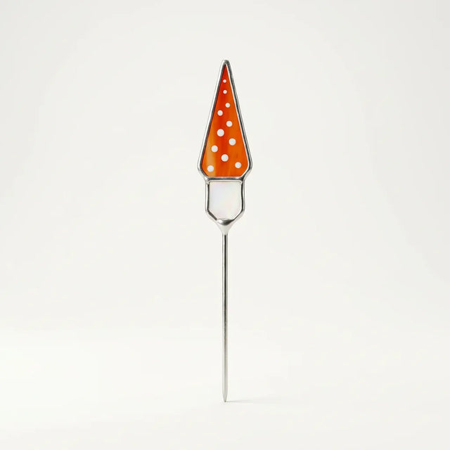 Pflanzenstecker Glas in Form eines orangefarbenen Fliegenpilzes, gefertigt in Tiffany-Technik mit Kupferfolie und Lötzinn.