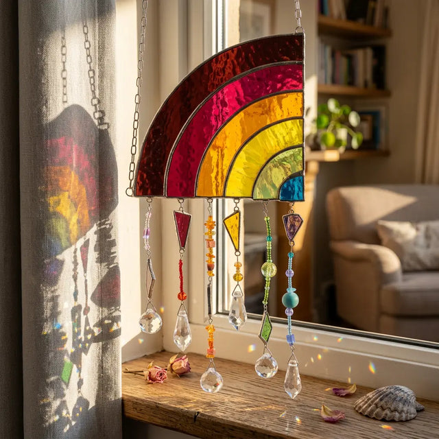 Handgefertigter Tiffany Glaskunst Regenbogen mit bunten, schimmernden Regentropfen zum Aufhängen.