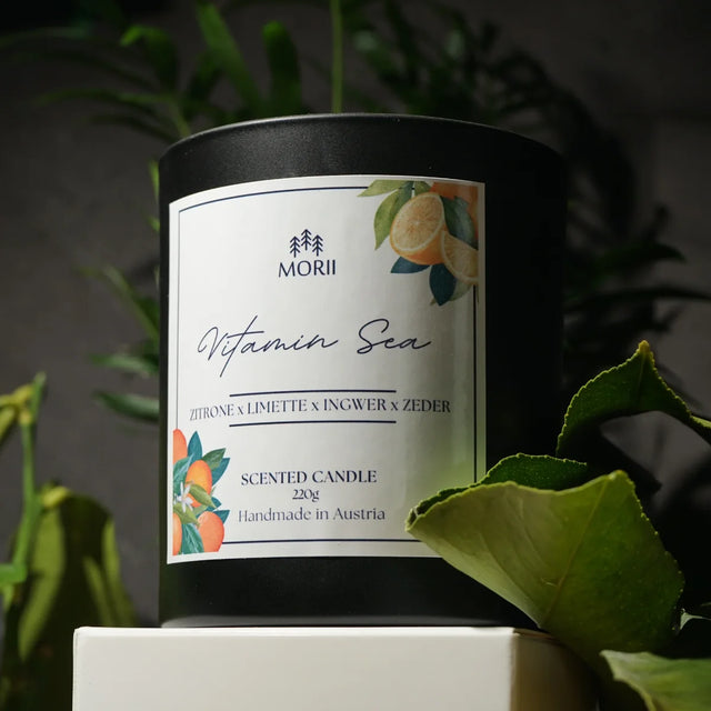 Duftkerze VITAMIN SEA von Morii in Glasbehälter mit gelbem Etikett, daneben Zitronen und Ingwer. — 220g Kerze