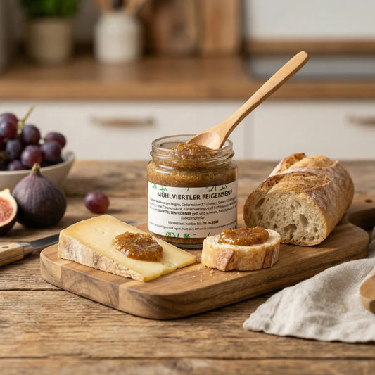 Ein Glas handgemachter Mühlviertler Feigensenf von Romanas Kräuterei auf einem rustikalen Holztisch.